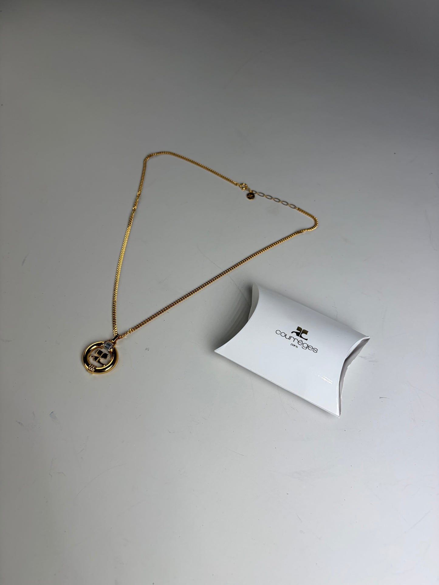 Vintage Courreges Logo Pendant Necklace Gold-Tone Metal