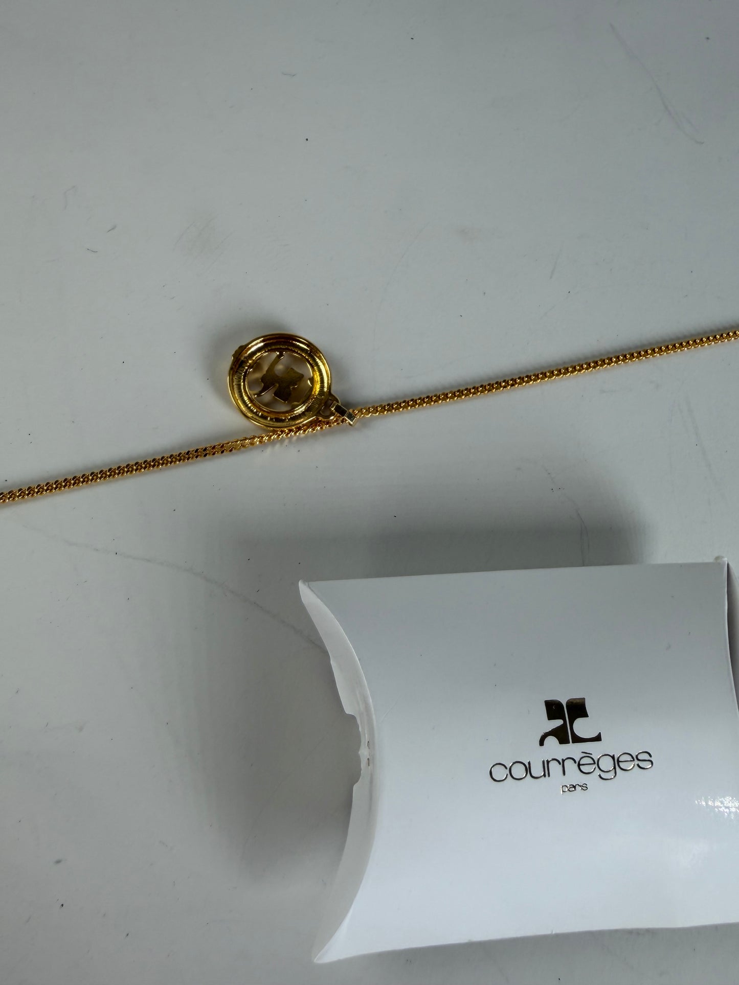 Vintage Courreges Logo Pendant Necklace Gold-Tone Metal