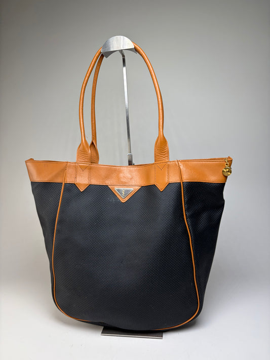 Vintage Yves Saint Laurent Textured Fabric Tote Black Tan
