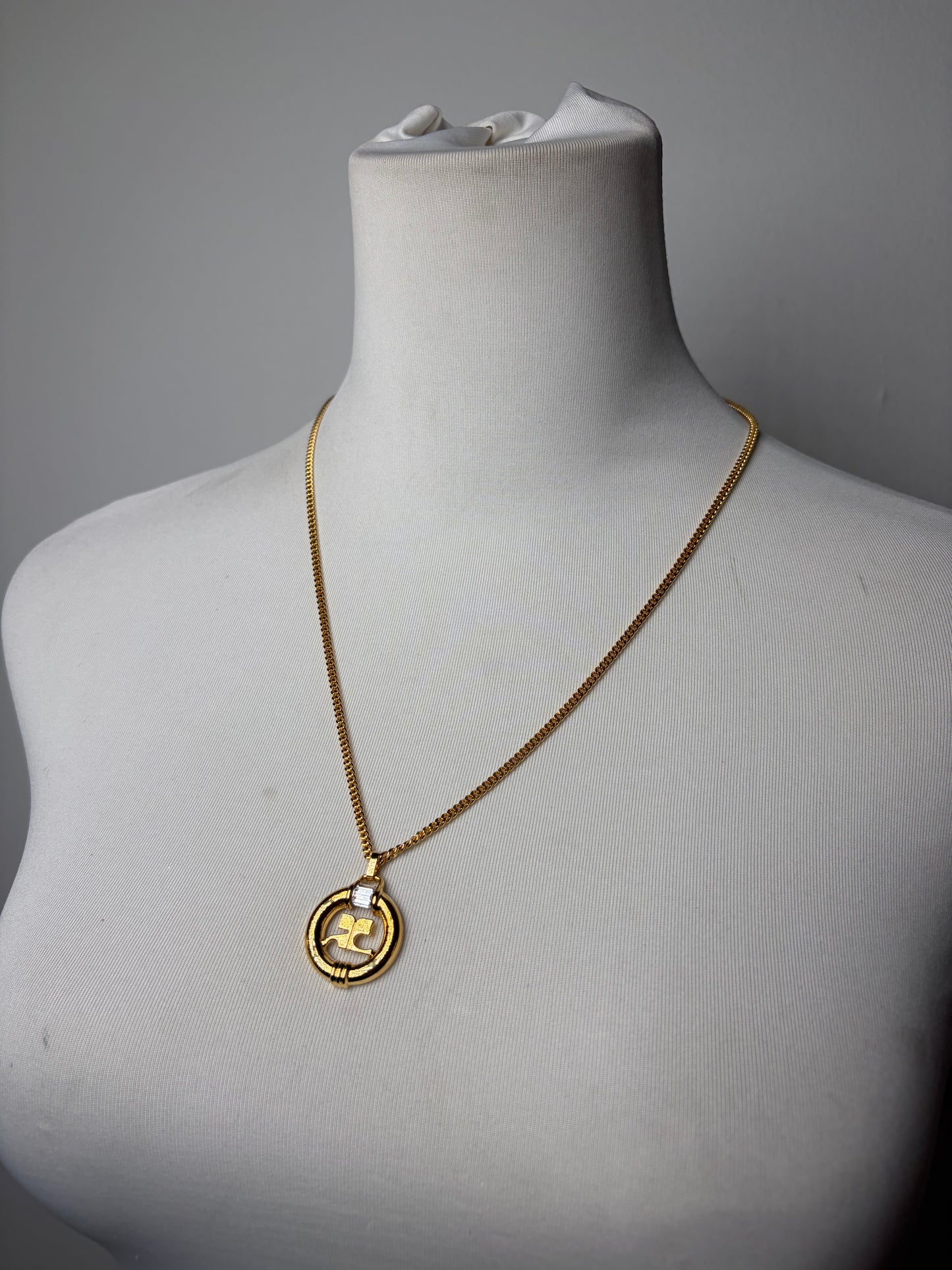 Vintage Courreges Logo Pendant Necklace Gold-Tone Metal