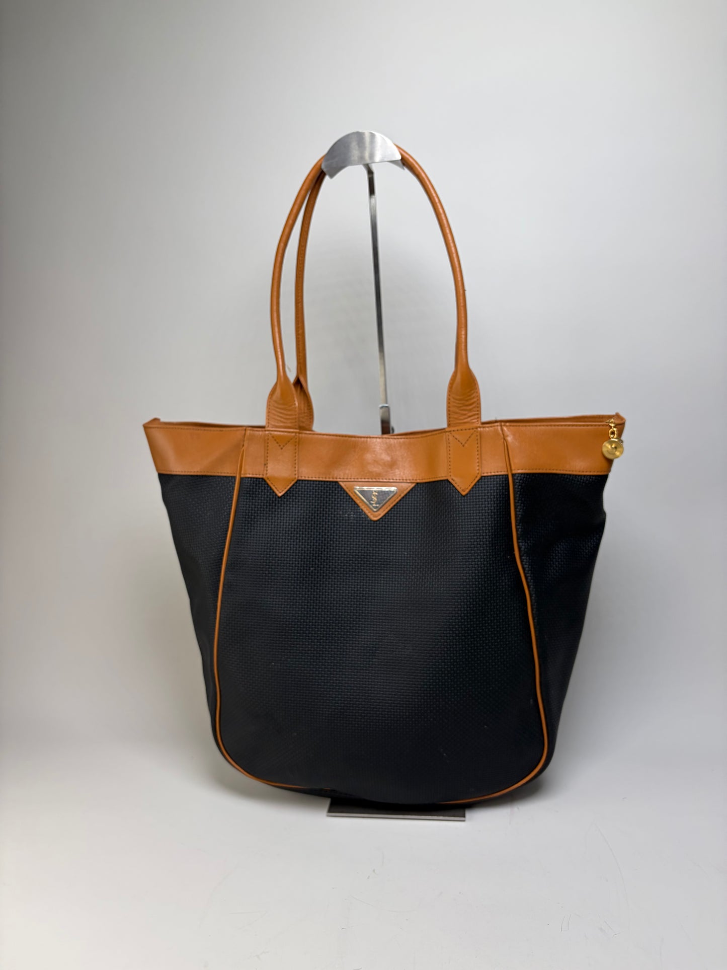 Vintage Yves Saint Laurent Textured Fabric Tote Black Tan