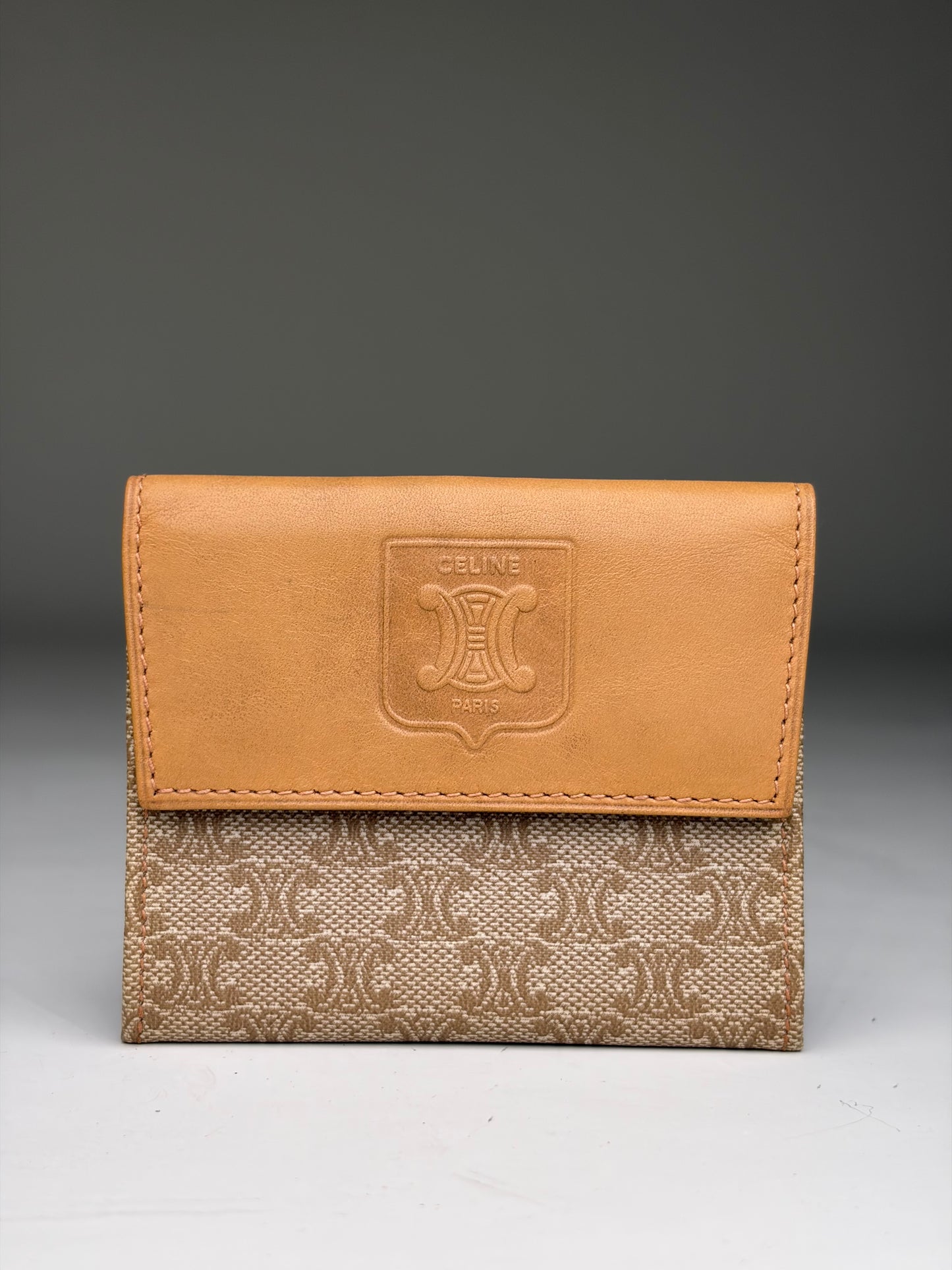 Vintage Celine Canvas Leather Wallet Tan Light Brown Gold