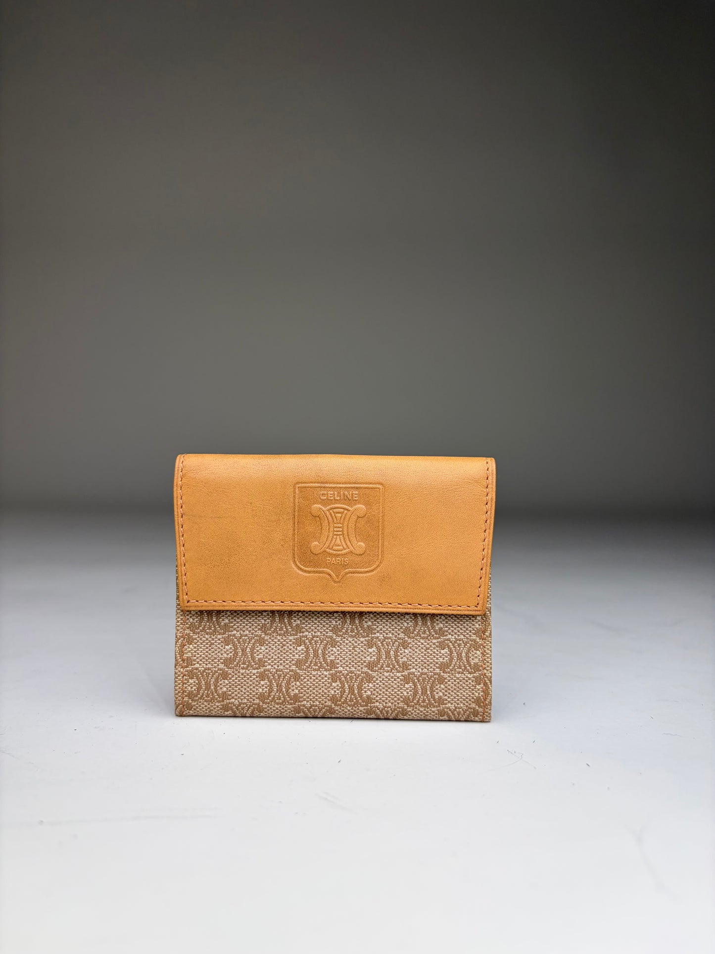 Vintage Celine Canvas Leather Wallet Tan Light Brown Gold