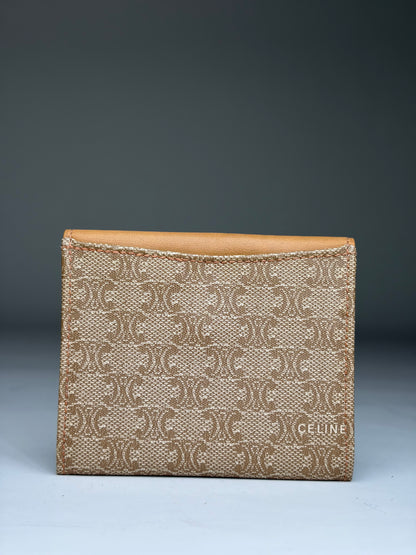 Vintage Celine Canvas Leather Wallet Tan Light Brown Gold