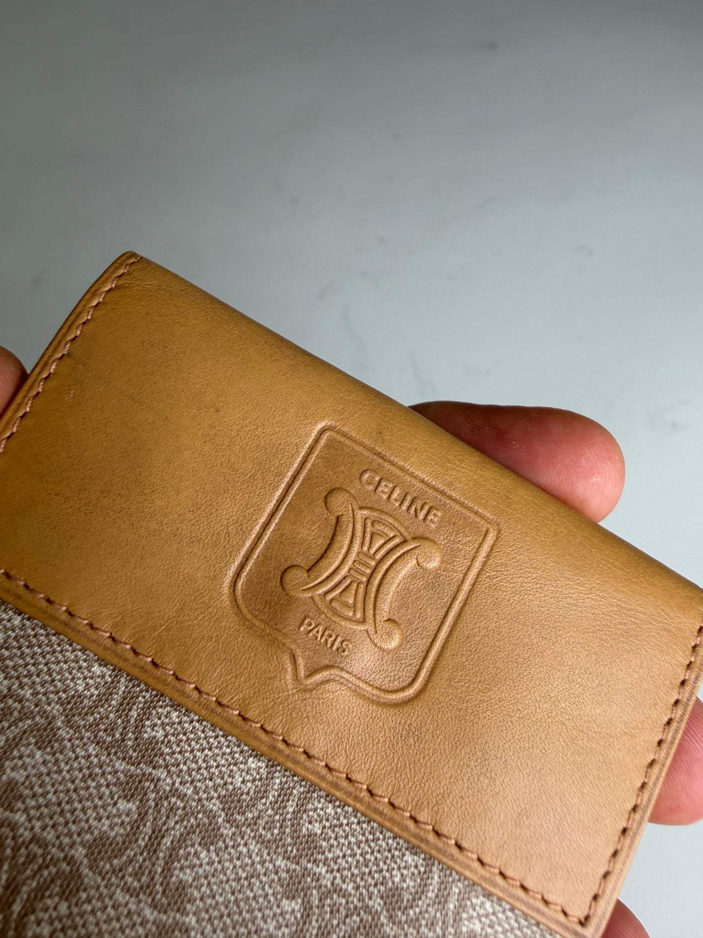 Vintage Celine Canvas Leather Wallet Tan Light Brown Gold