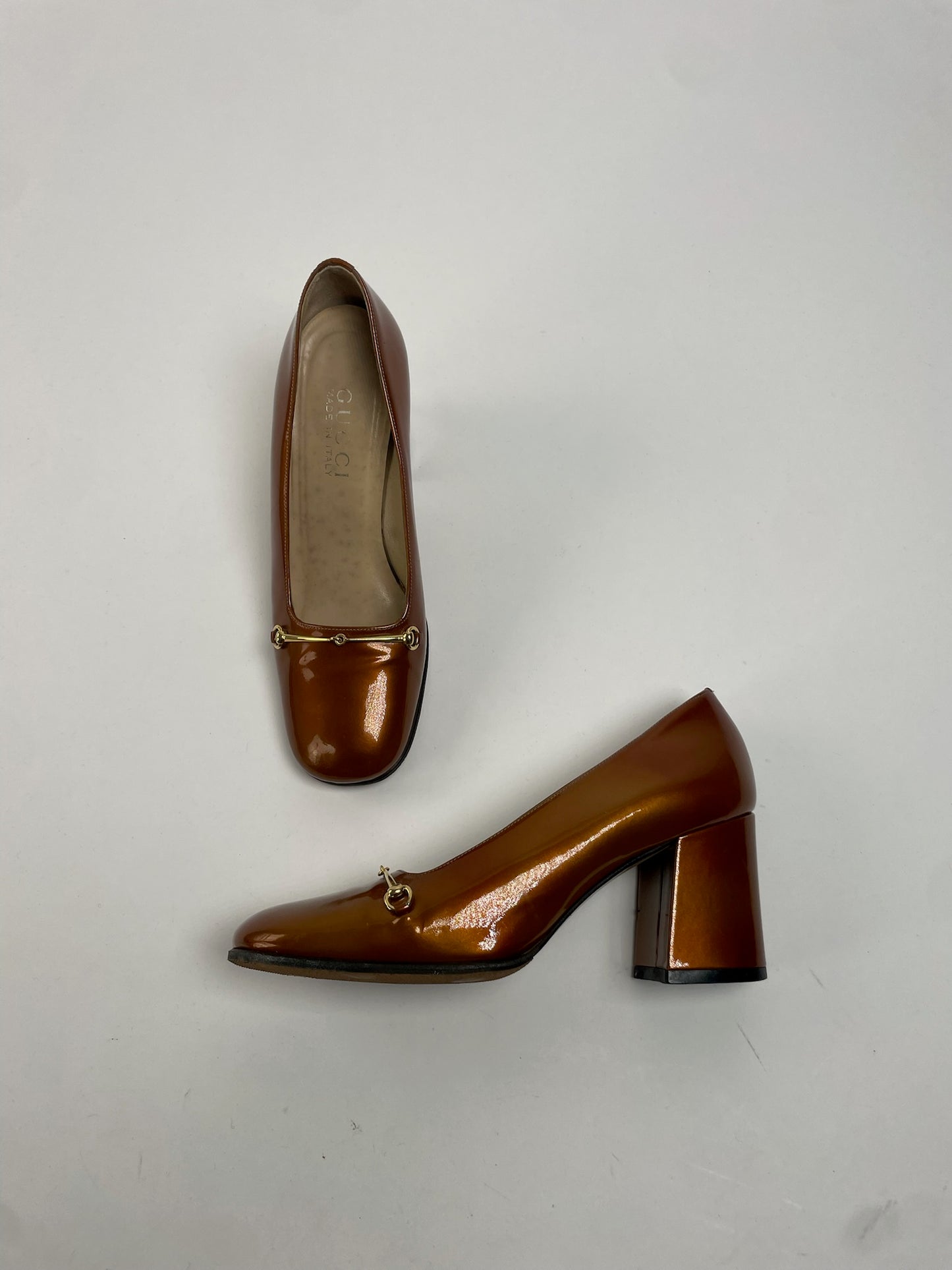 Vintage Gucci Horsebit Patent Leather Pumps Brown