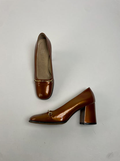 Vintage Gucci Horsebit Patent Leather Pumps Brown