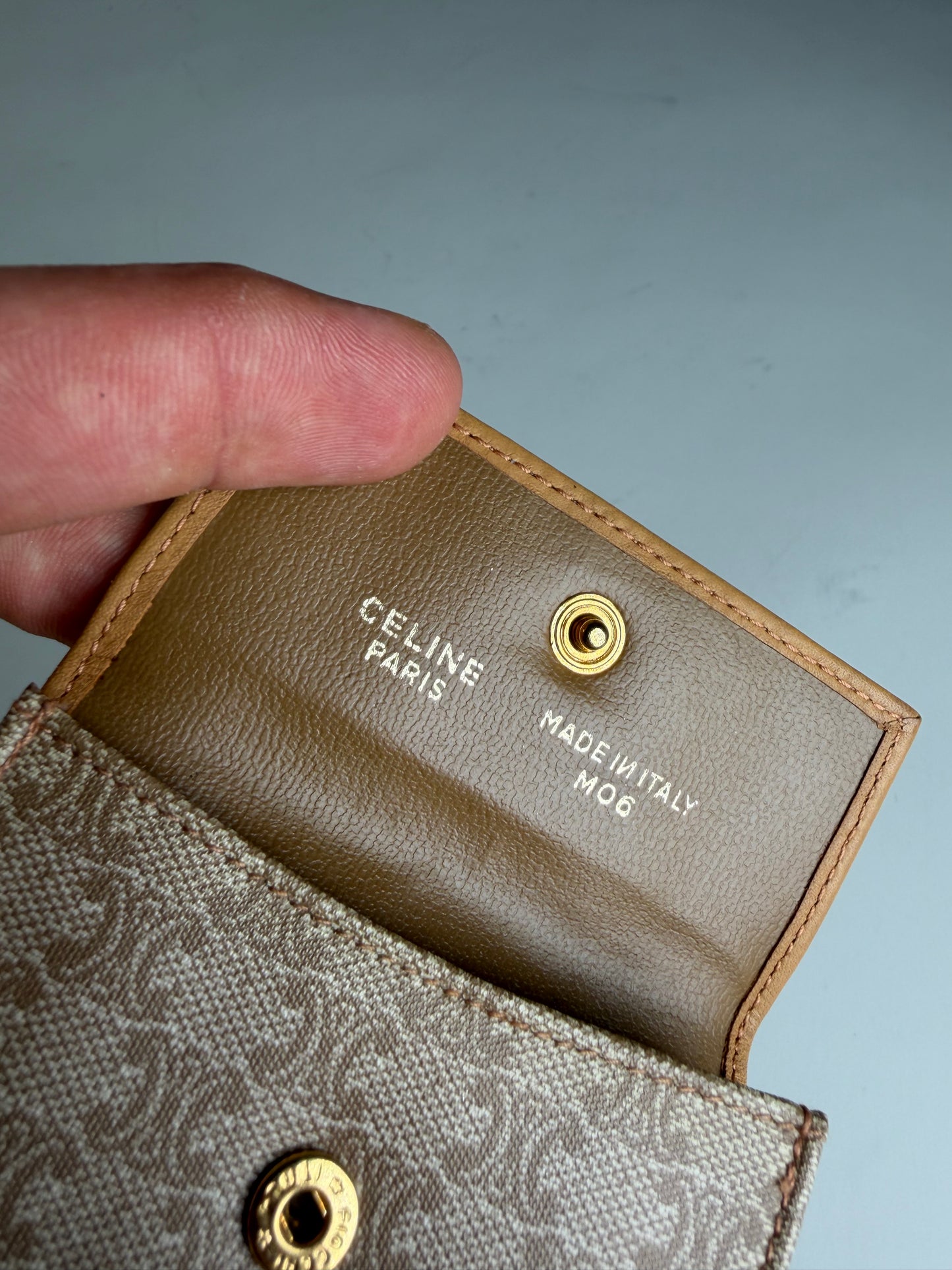 Vintage Celine Canvas Leather Wallet Tan Light Brown Gold