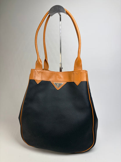 Vintage Yves Saint Laurent Textured Fabric Tote Black Tan