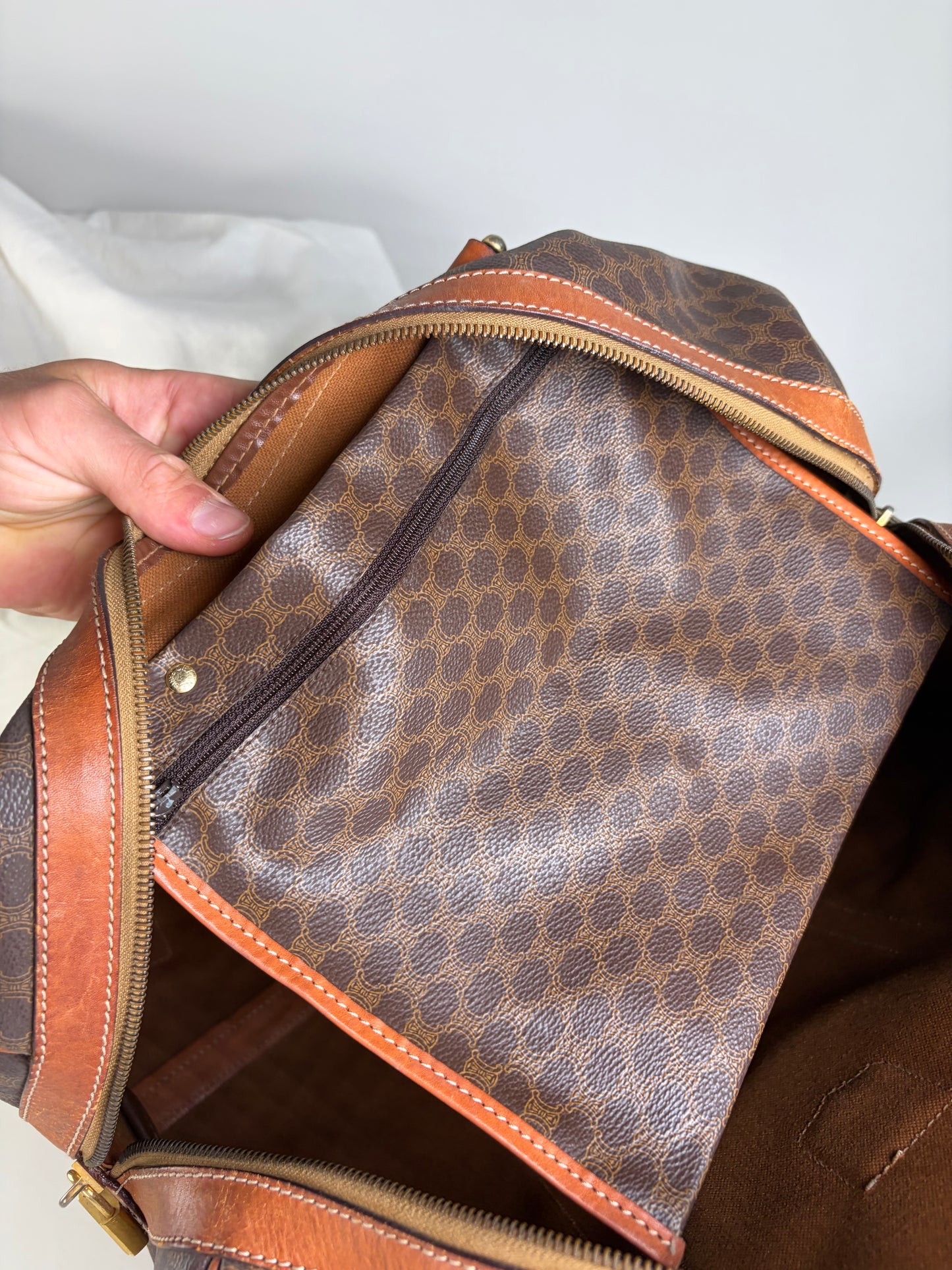 Vintage Celine Monogram Canvas Duffle Bag Brown Tan