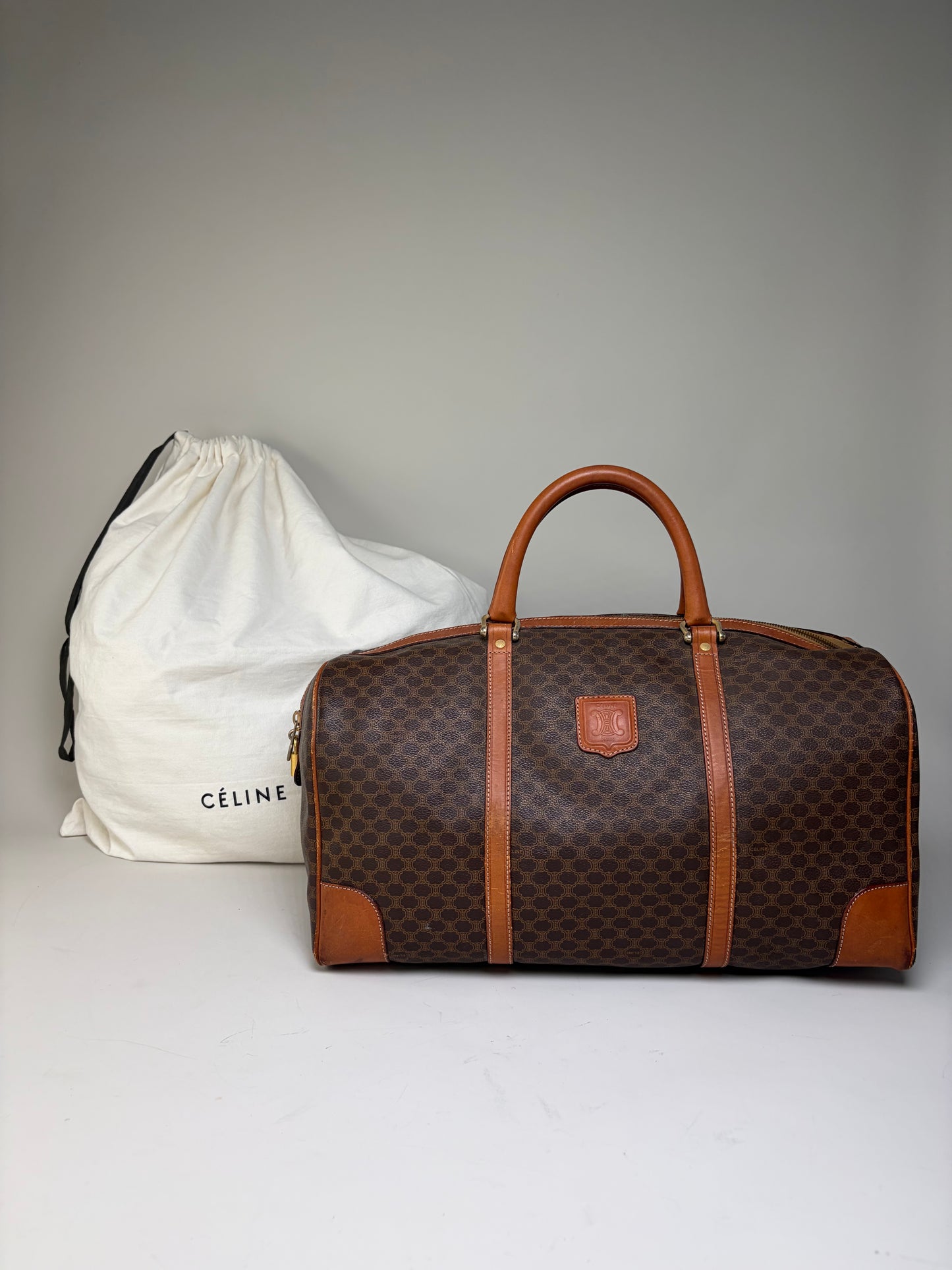 Vintage Celine Monogram Canvas Duffle Bag Brown Tan