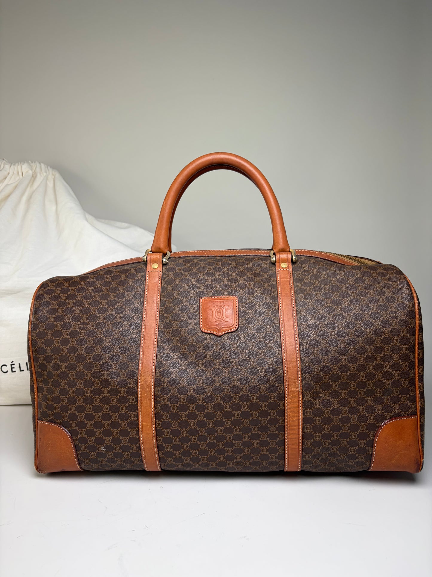 Vintage Celine Monogram Canvas Duffle Bag Brown Tan