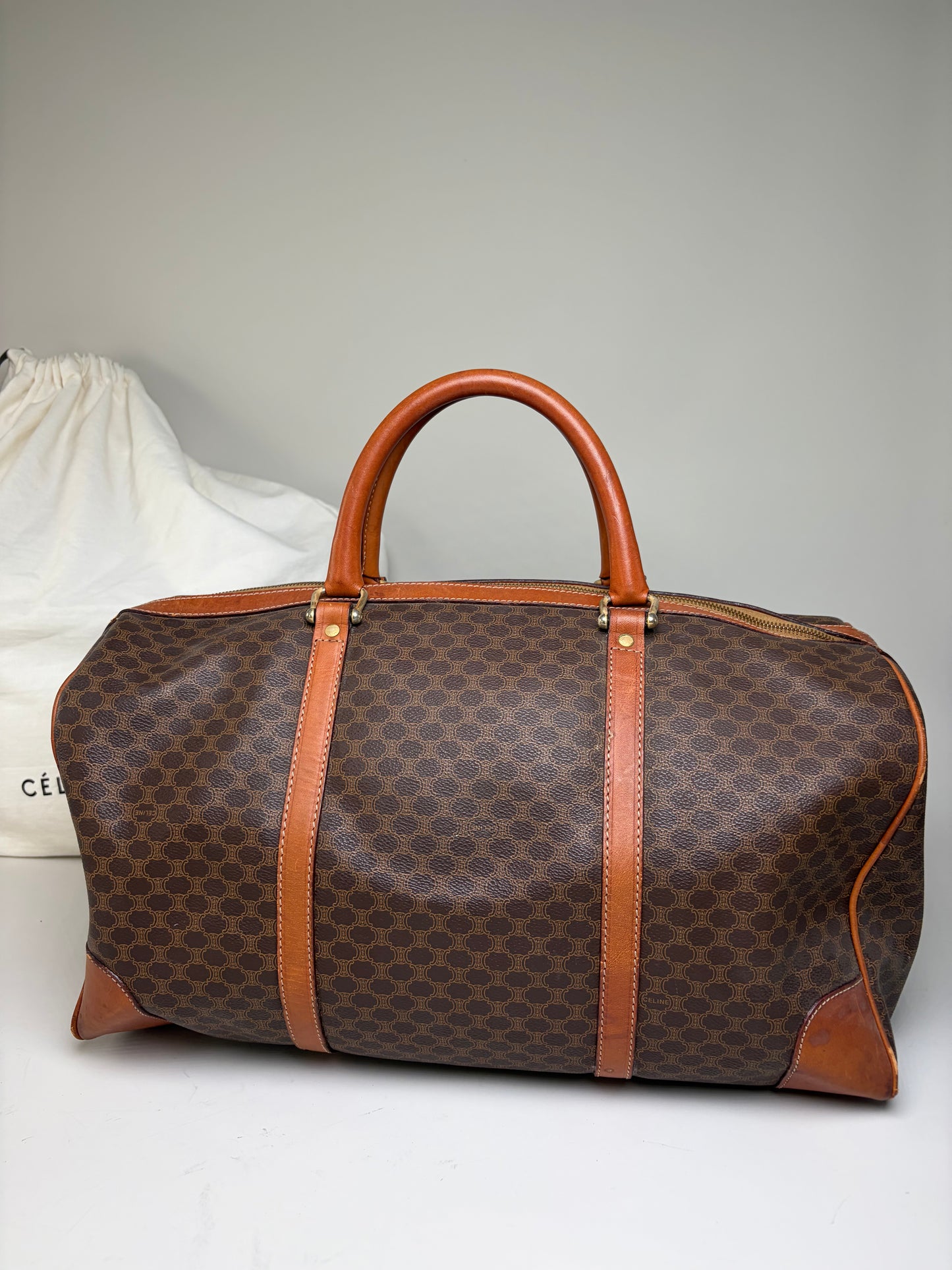 Vintage Celine Monogram Canvas Duffle Bag Brown Tan