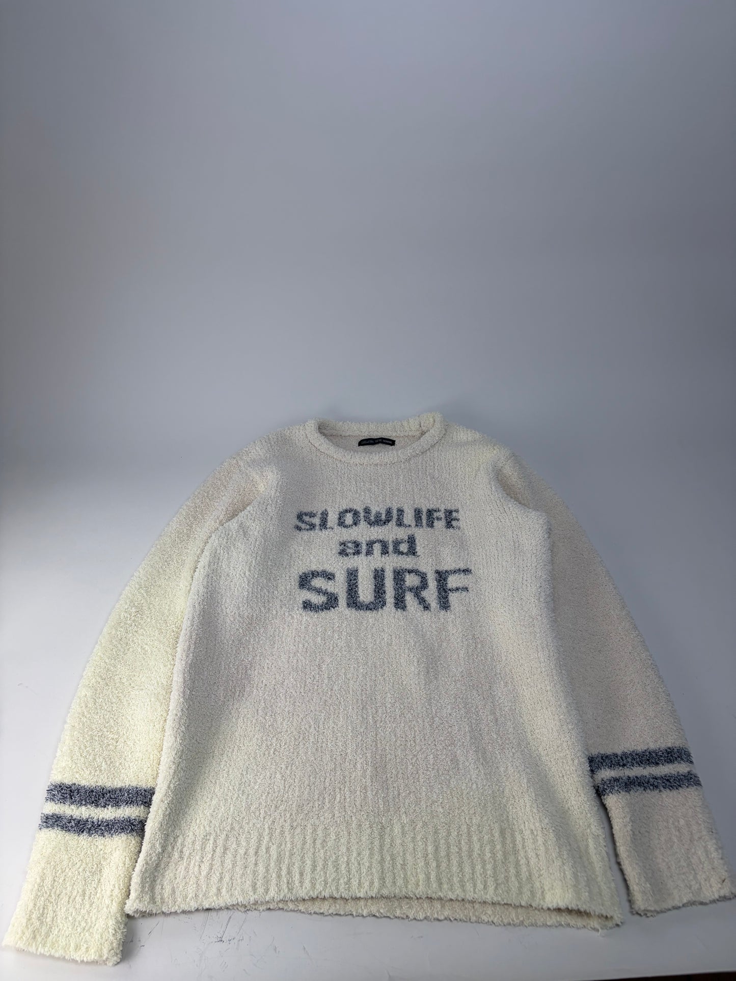 Vintage Tete Men's Fleece Sweater Cream Grey Striped M