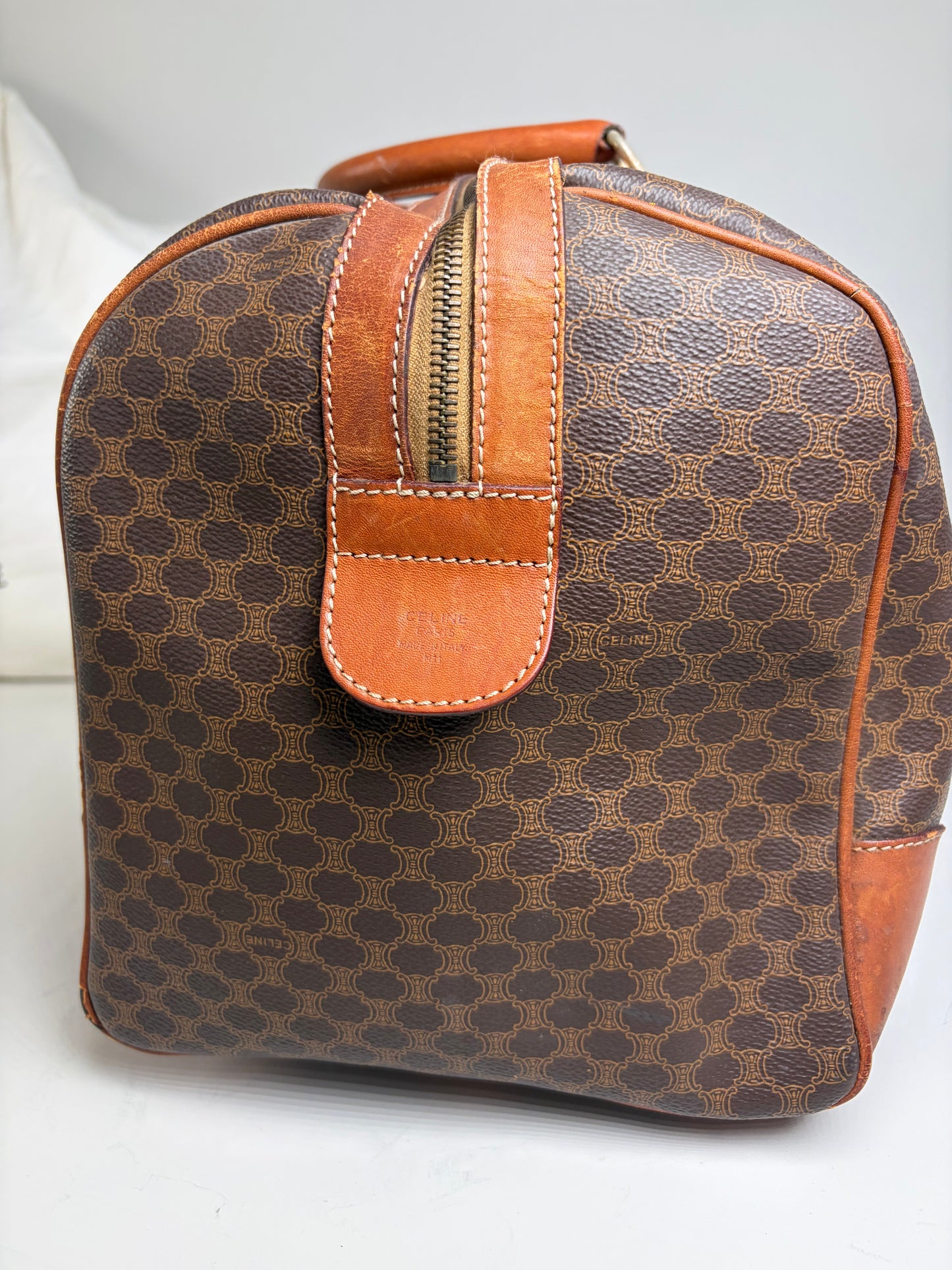 Vintage Celine Monogram Canvas Duffle Bag Brown Tan