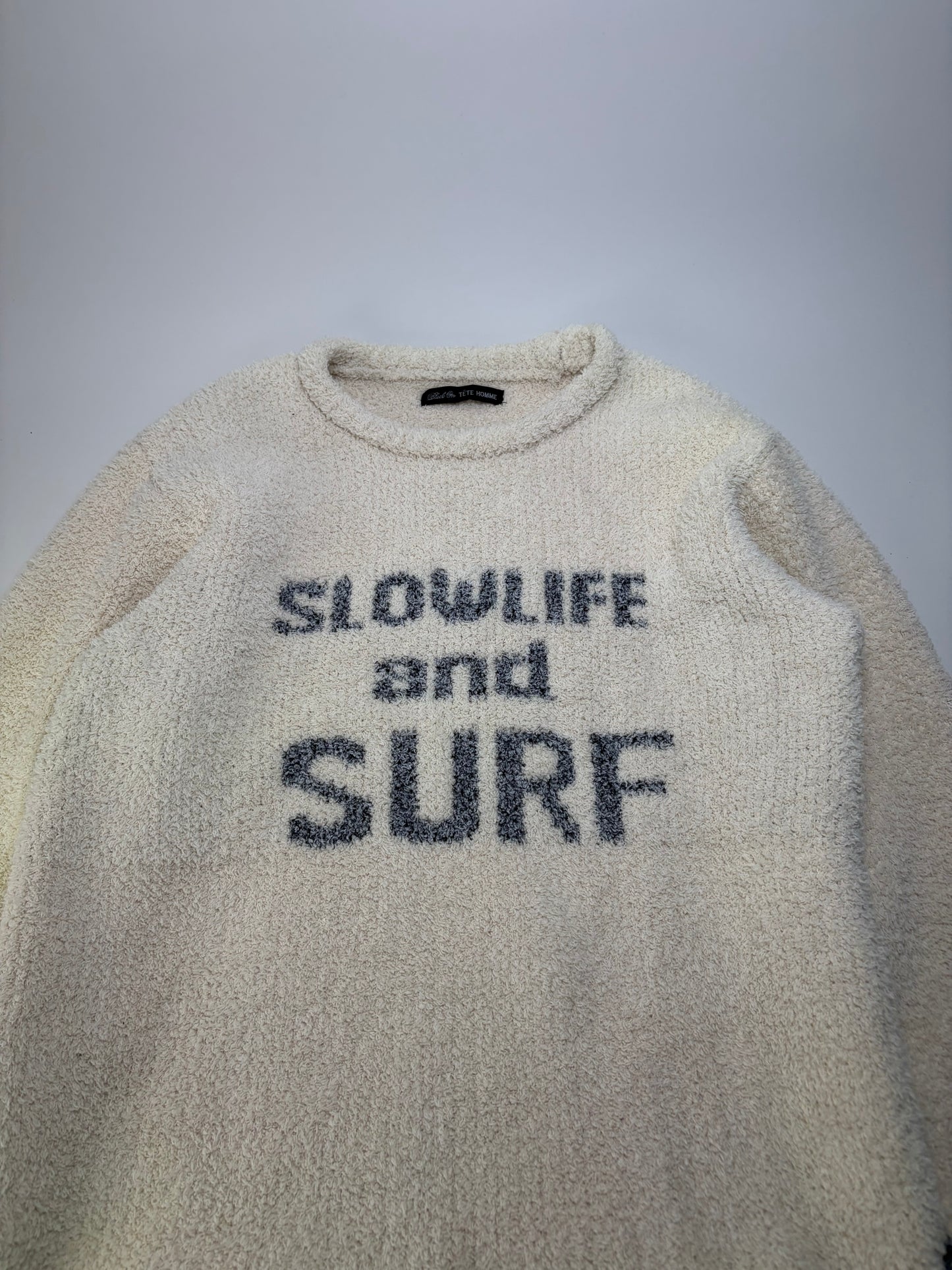 Vintage Tete Men's Fleece Sweater Cream Grey Striped M
