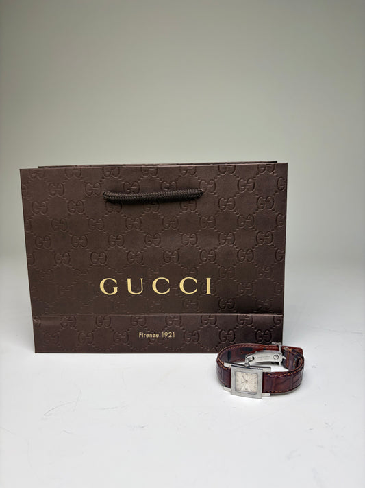 Vintage Gucci Stainless Steel Crocodile Leather Watch Silver Brown