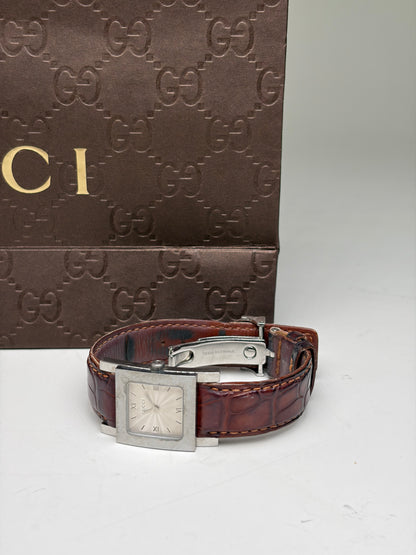 Vintage Gucci Stainless Steel Crocodile Leather Watch Silver Brown