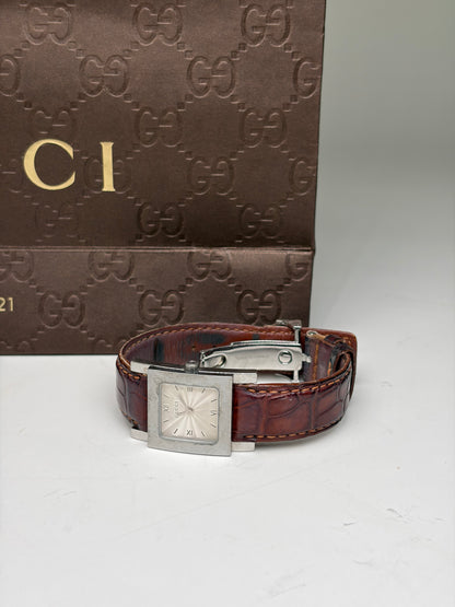 Vintage Gucci Stainless Steel Crocodile Leather Watch Silver Brown