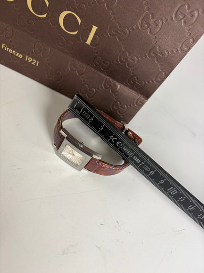 Vintage Gucci Stainless Steel Crocodile Leather Watch Silver Brown