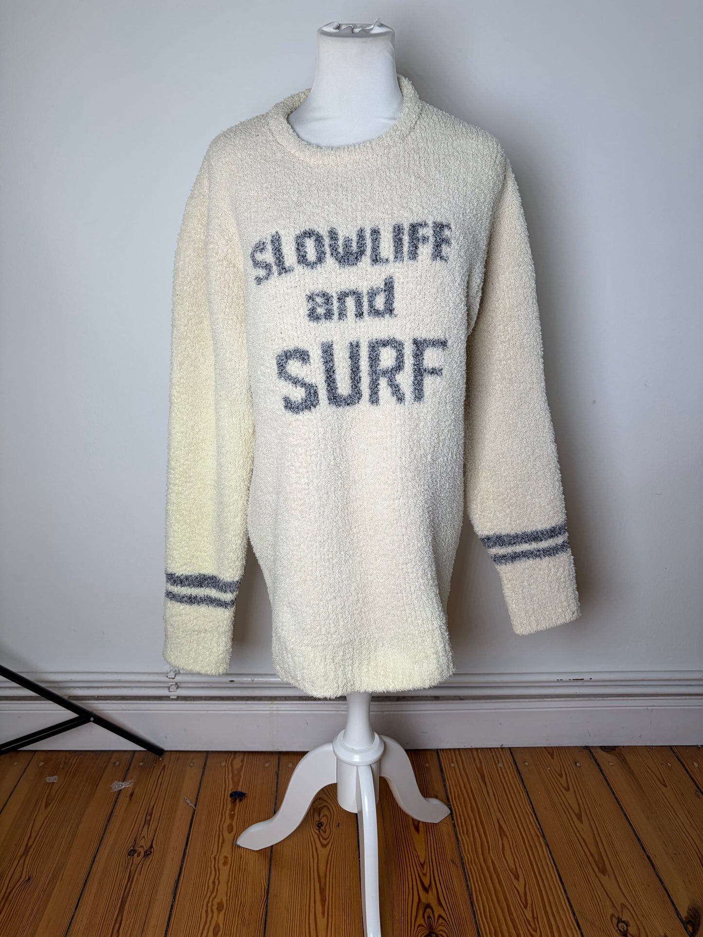 Vintage Tete Men's Fleece Sweater Cream Grey Striped M