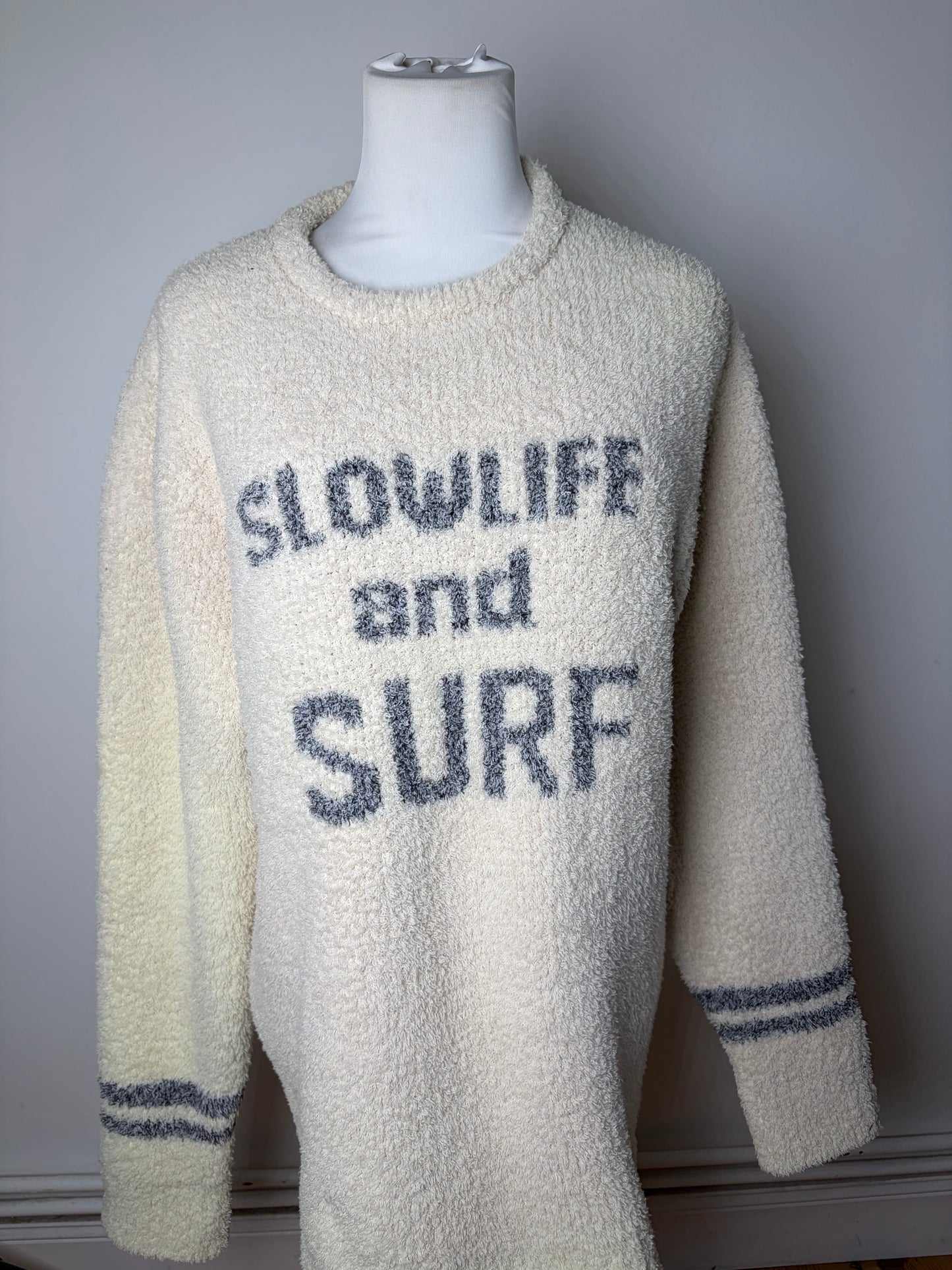 Vintage Tete Men's Fleece Sweater Cream Grey Striped M