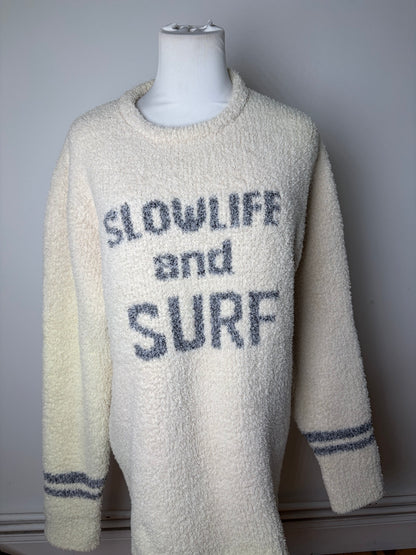 Vintage Tete Men's Fleece Sweater Cream Grey Striped M