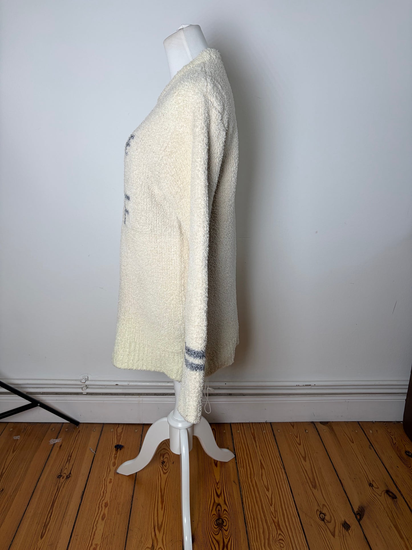 Vintage Tete Men's Fleece Sweater Cream Grey Striped M