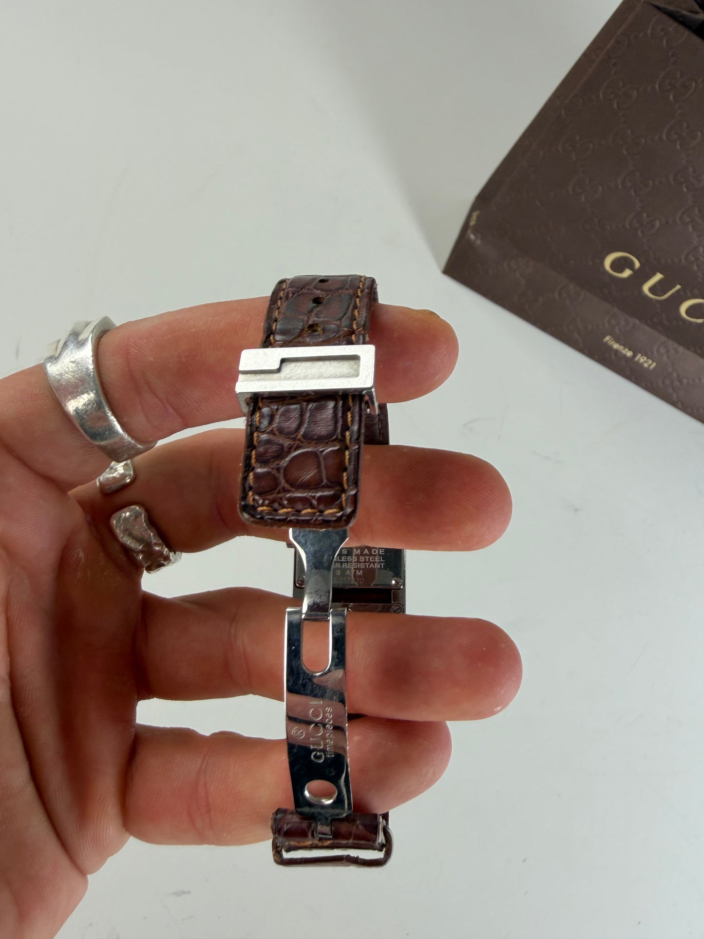 Vintage Gucci Stainless Steel Crocodile Leather Watch Silver Brown