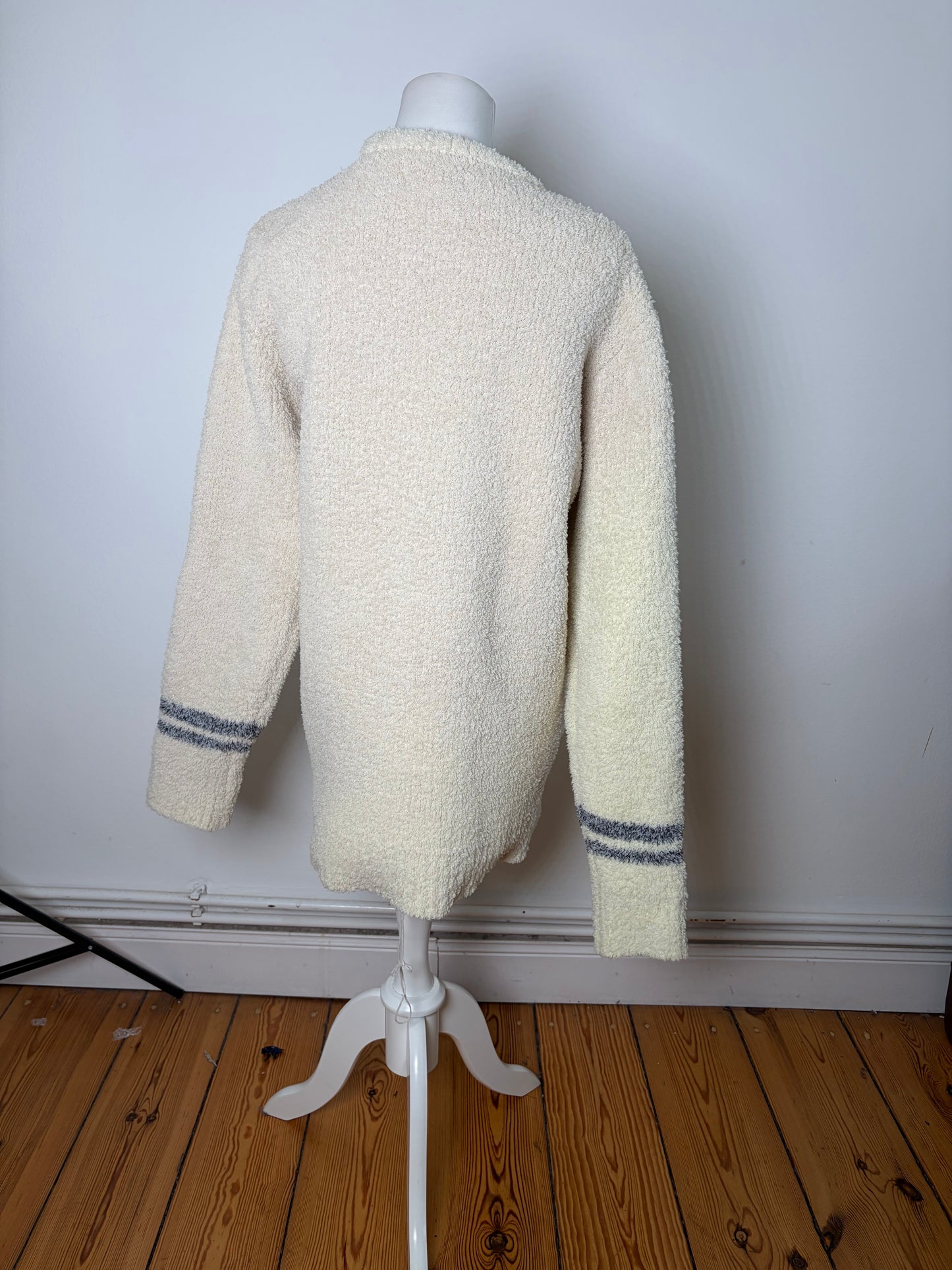 Vintage Tete Men's Fleece Sweater Cream Grey Striped M