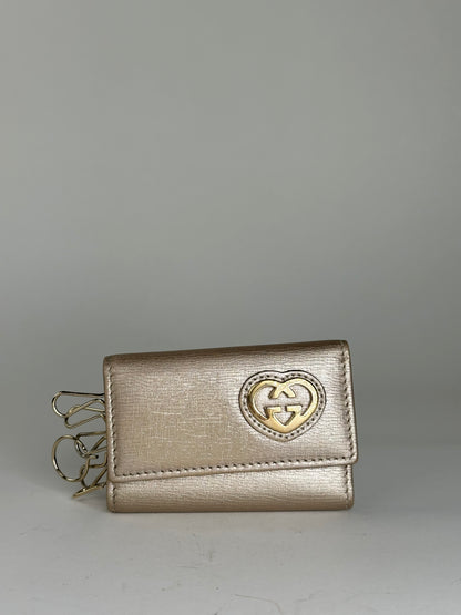 Gucci Leather Champagne Key Holder with Heart-Shaped Logo Detail