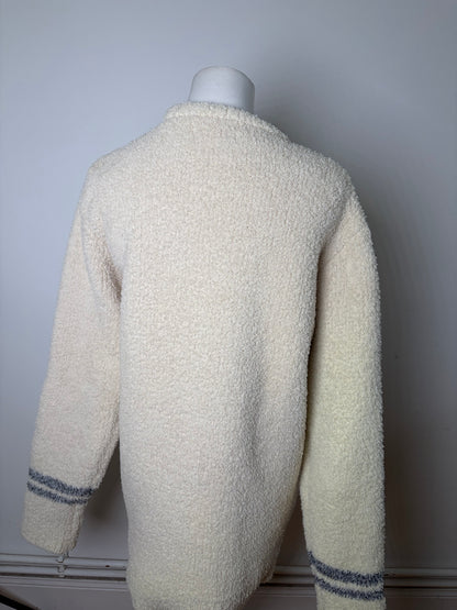 Vintage Tete Men's Fleece Sweater Cream Grey Striped M