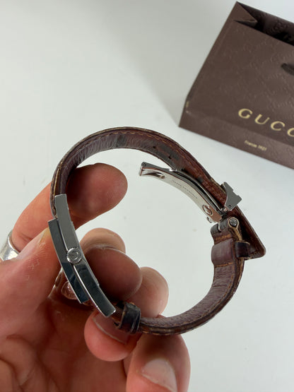 Vintage Gucci Stainless Steel Crocodile Leather Watch Silver Brown