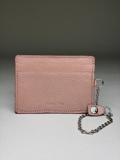 Vintage Miu Miu Grained Leather Card Holder Dusty Pink Silver Chain