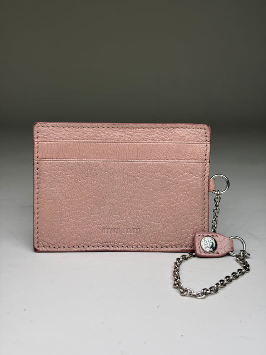 Vintage Miu Miu Grained Leather Card Holder Dusty Pink Silver Chain