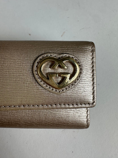 Gucci Leather Champagne Key Holder with Heart-Shaped Logo Detail