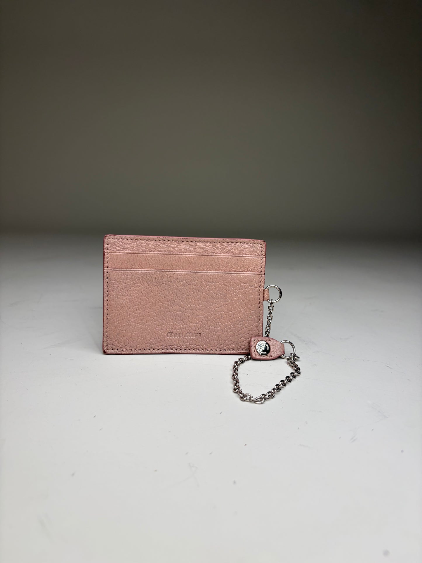 Vintage Miu Miu Grained Leather Card Holder Dusty Pink Silver Chain