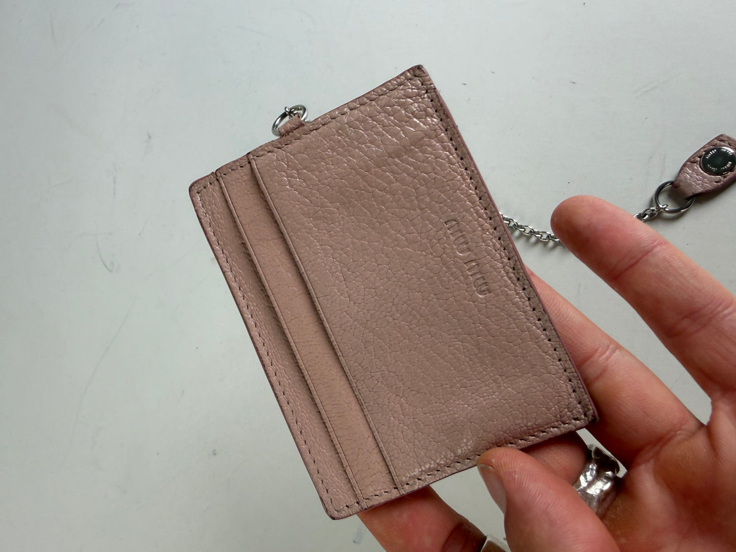 Vintage Miu Miu Grained Leather Card Holder Dusty Pink Silver Chain