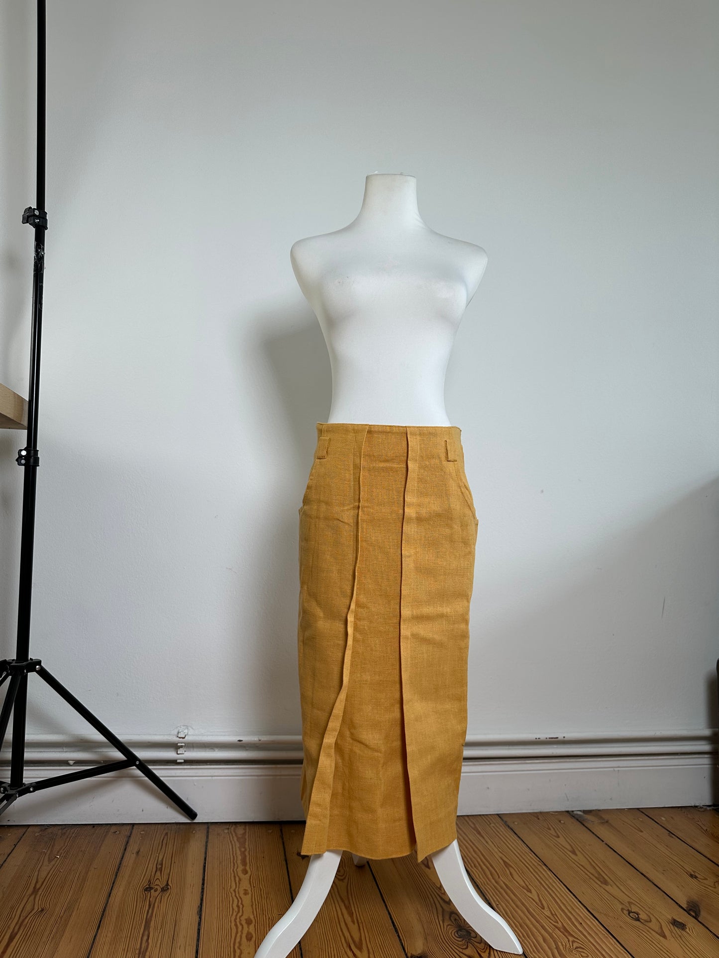 Vintage Dior Mustard Linen Midi Skirt with Pleat Detail