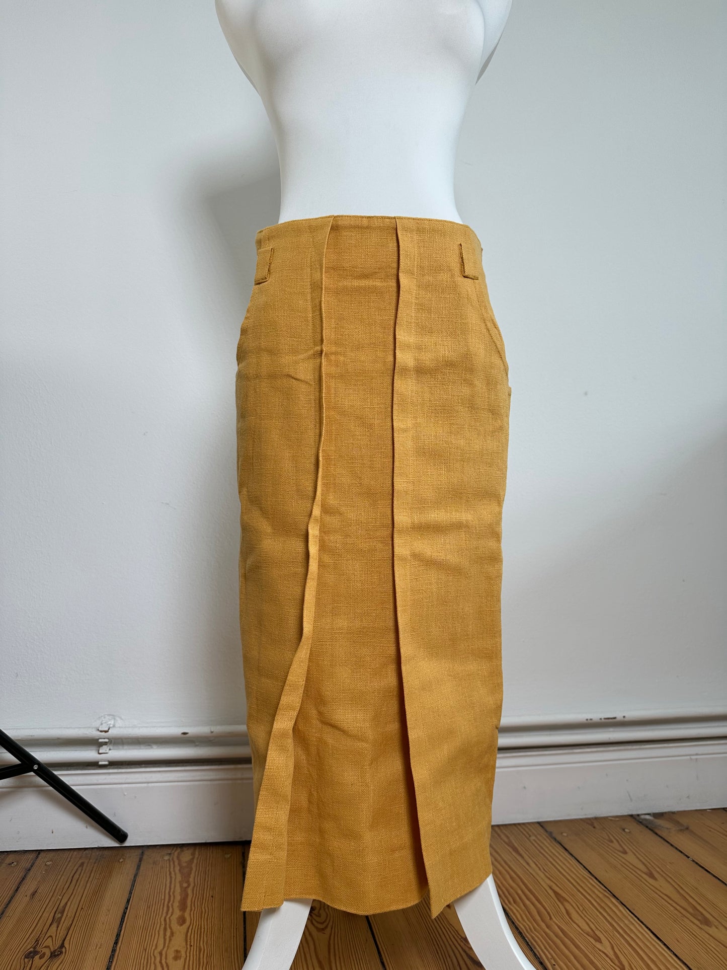Vintage Dior Mustard Linen Midi Skirt with Pleat Detail