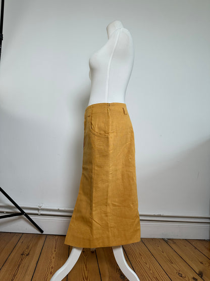 Vintage Dior Mustard Linen Midi Skirt with Pleat Detail