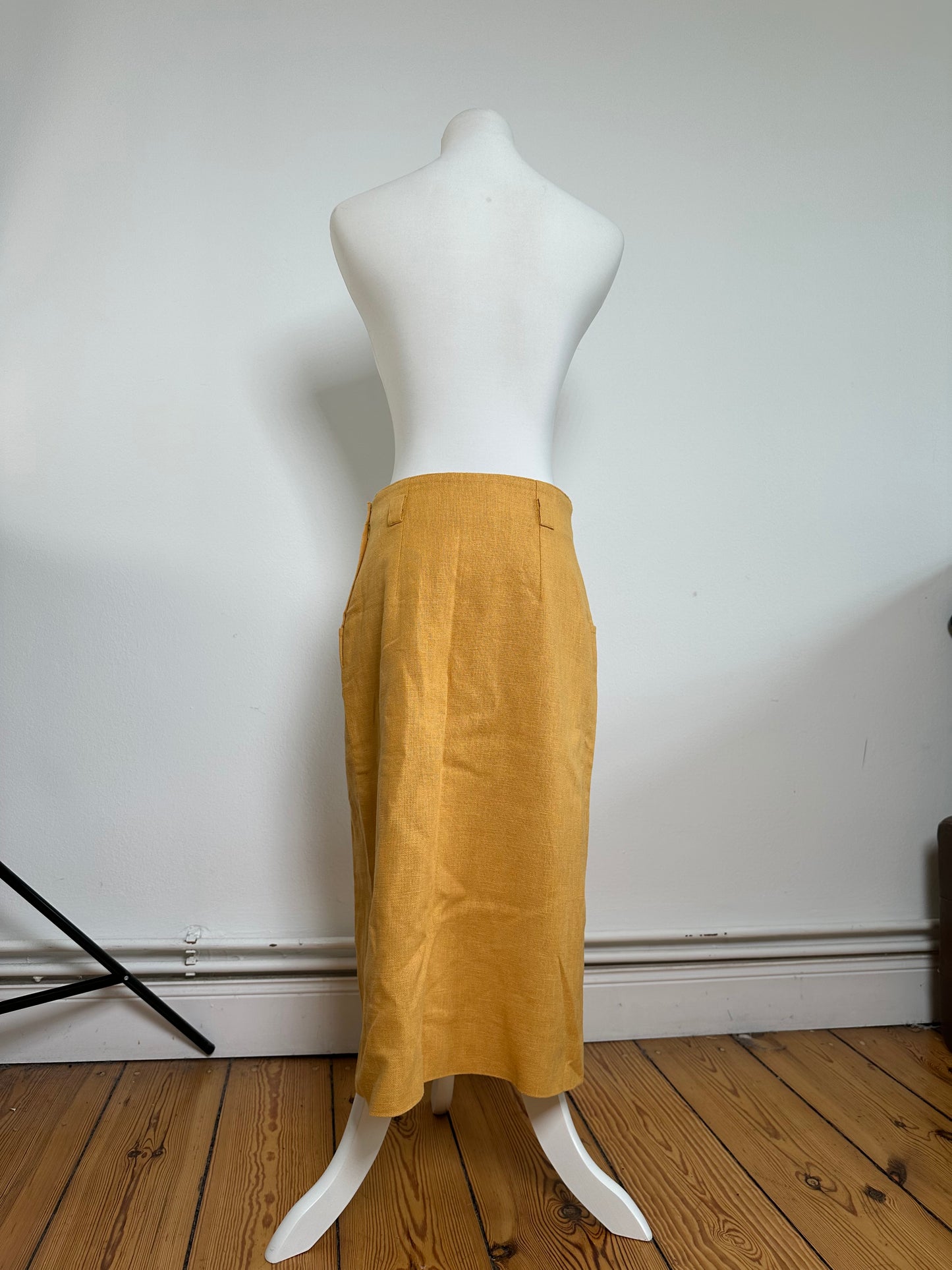 Vintage Dior Mustard Linen Midi Skirt with Pleat Detail