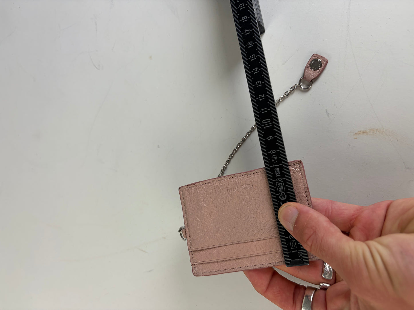 Vintage Miu Miu Grained Leather Card Holder Dusty Pink Silver Chain