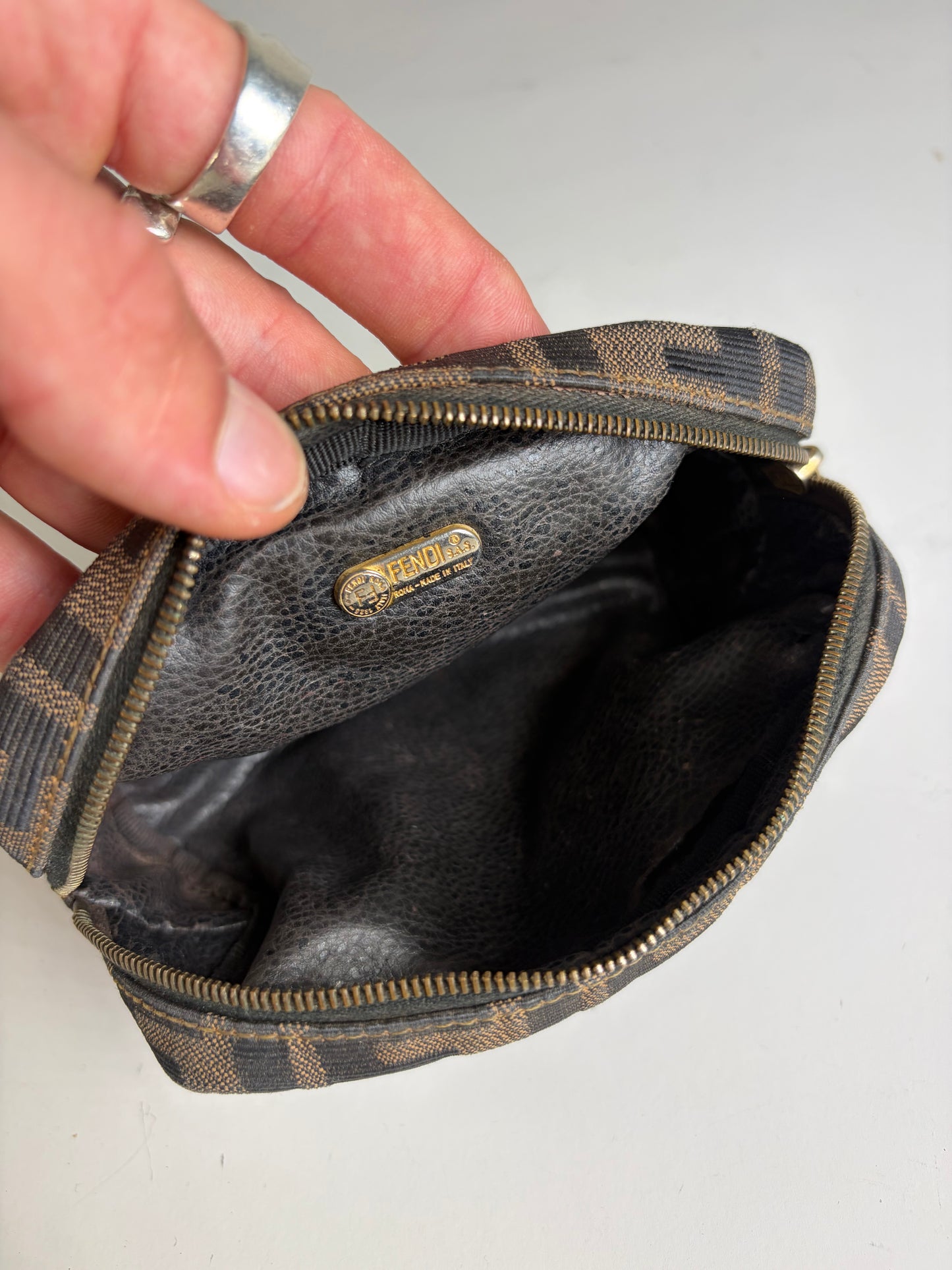 Vintage Fendi FF Logo Jacquard Cosmetic Pouch Brown Tan