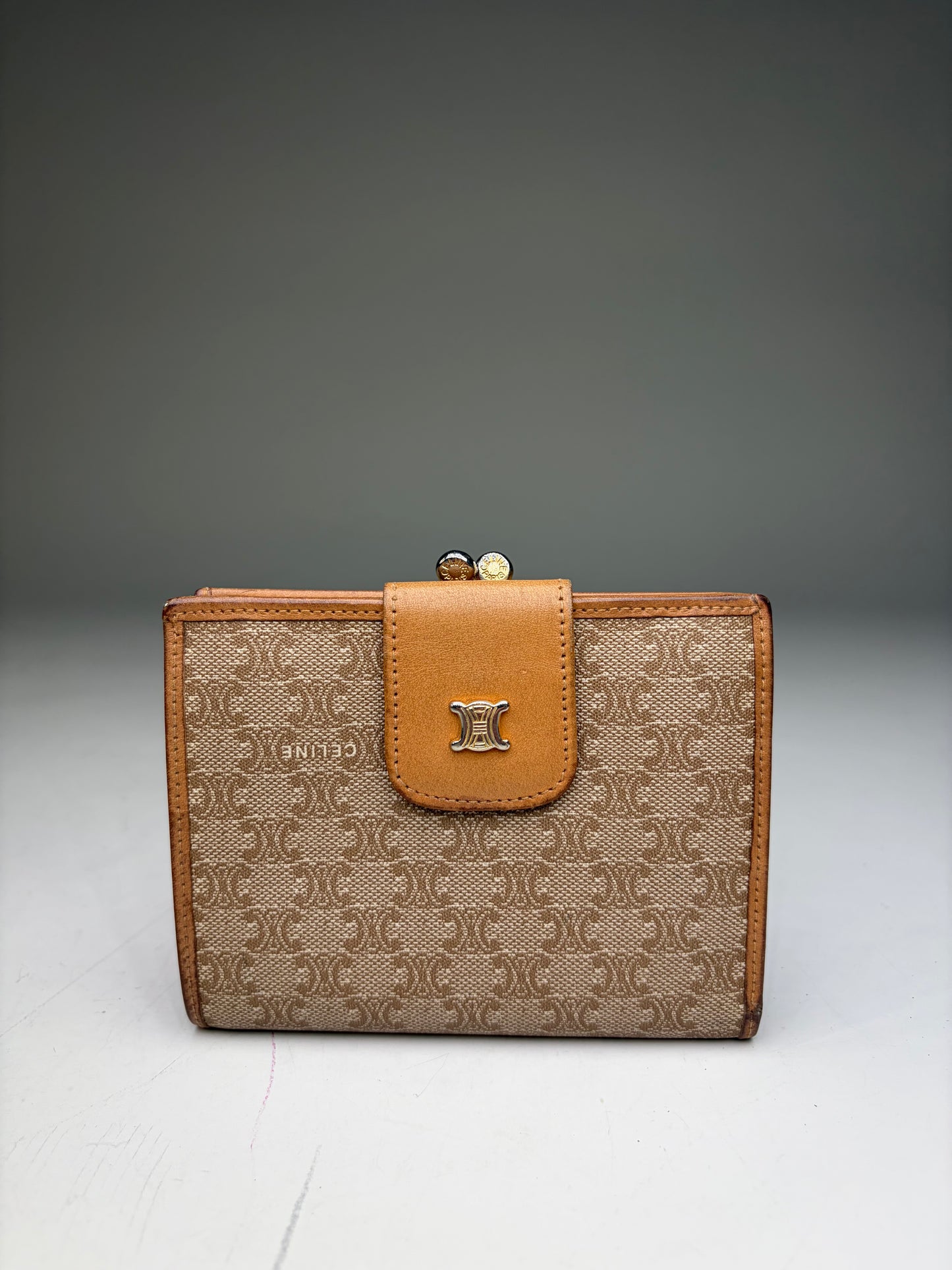 Vintage Celine Monogram Canvas Wallet Beige Tan Gold