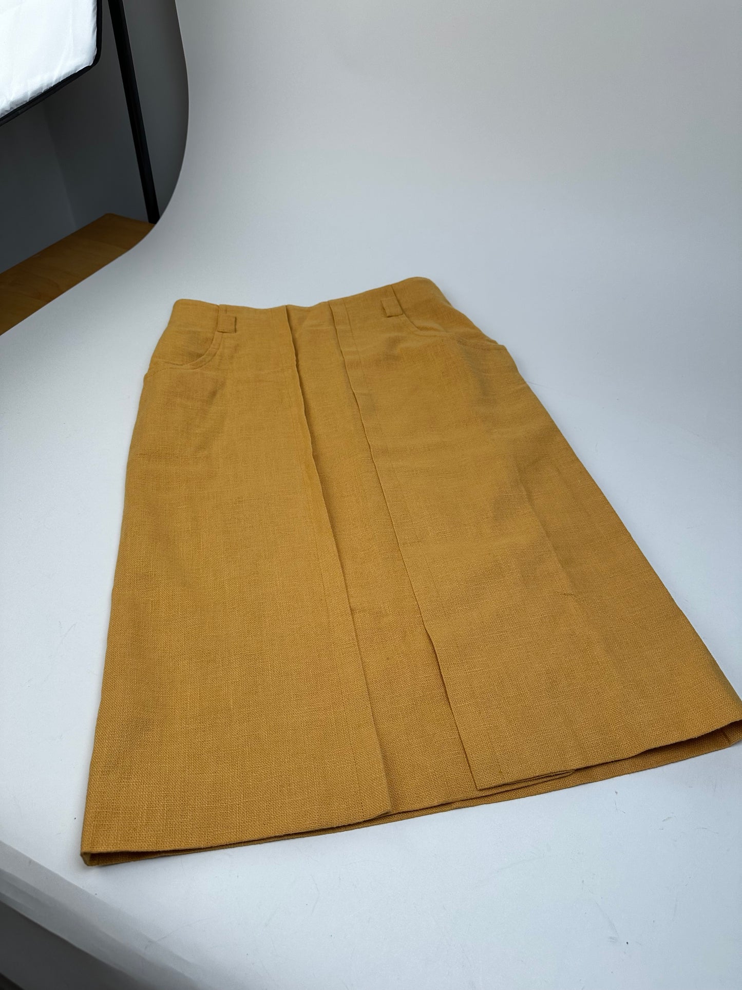 Vintage Dior Mustard Linen Midi Skirt with Pleat Detail