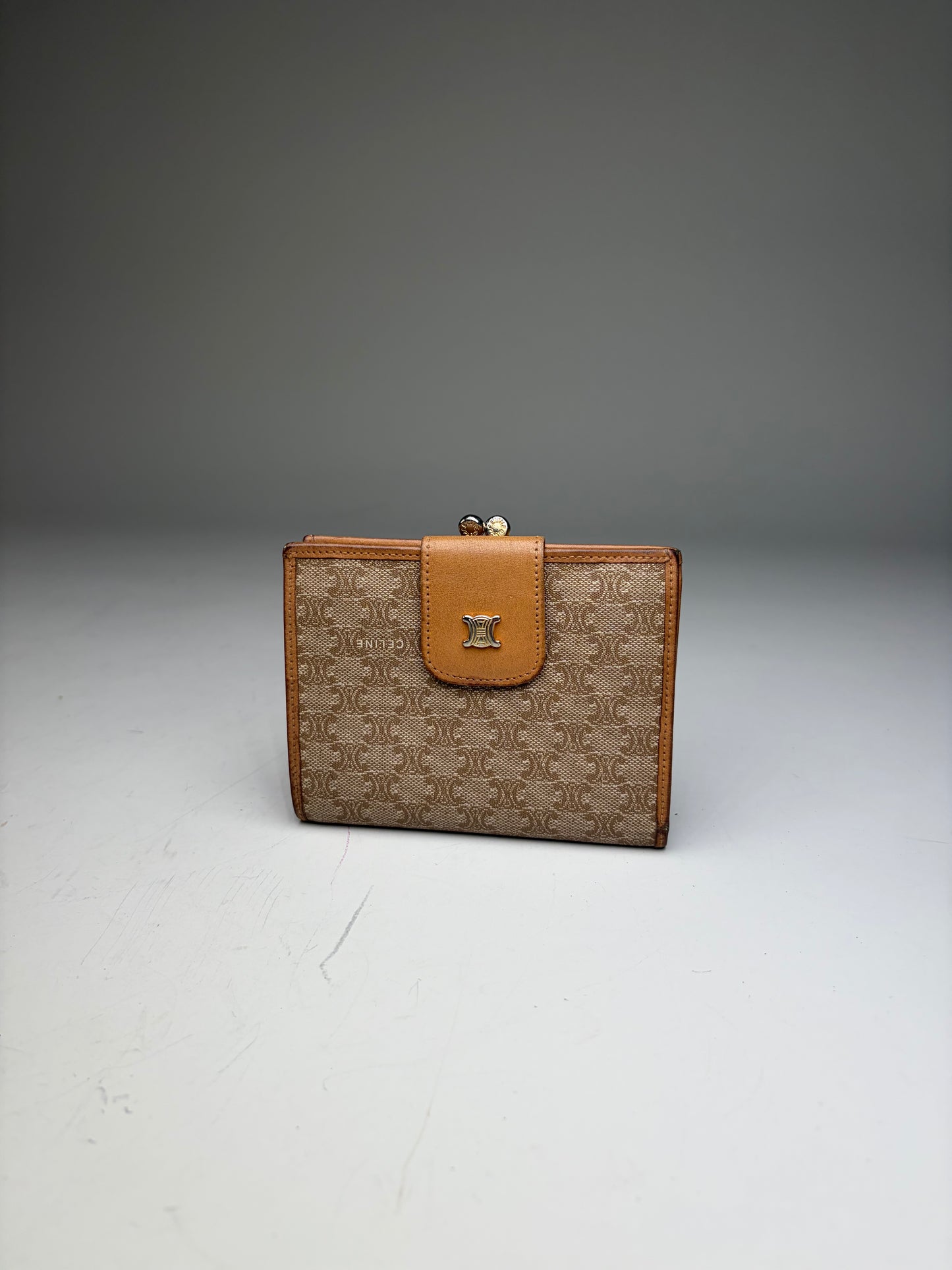 Vintage Celine Monogram Canvas Wallet Beige Tan Gold