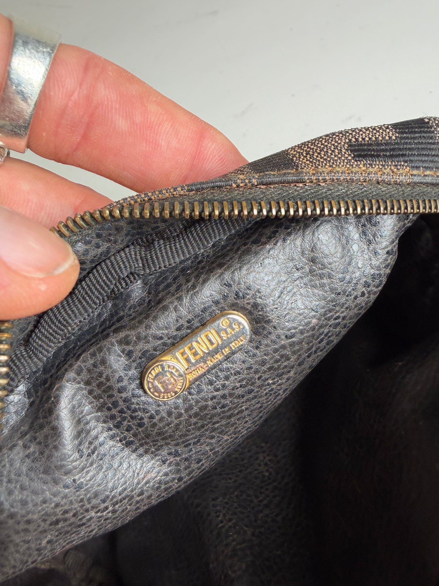 Vintage Fendi FF Logo Jacquard Cosmetic Pouch Brown Tan