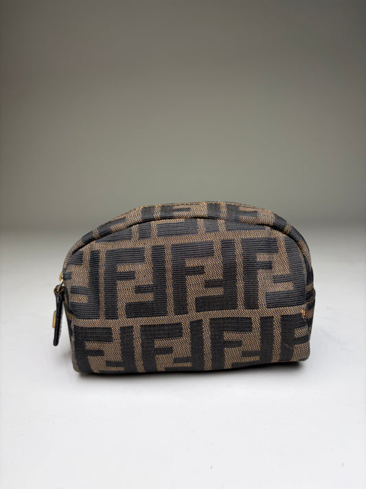 Vintage Fendi FF Logo Jacquard Cosmetic Pouch Brown Tan