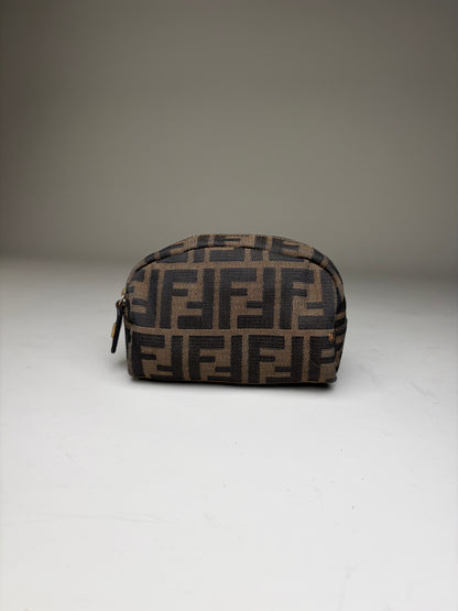 Vintage Fendi FF Logo Jacquard Cosmetic Pouch Brown Tan